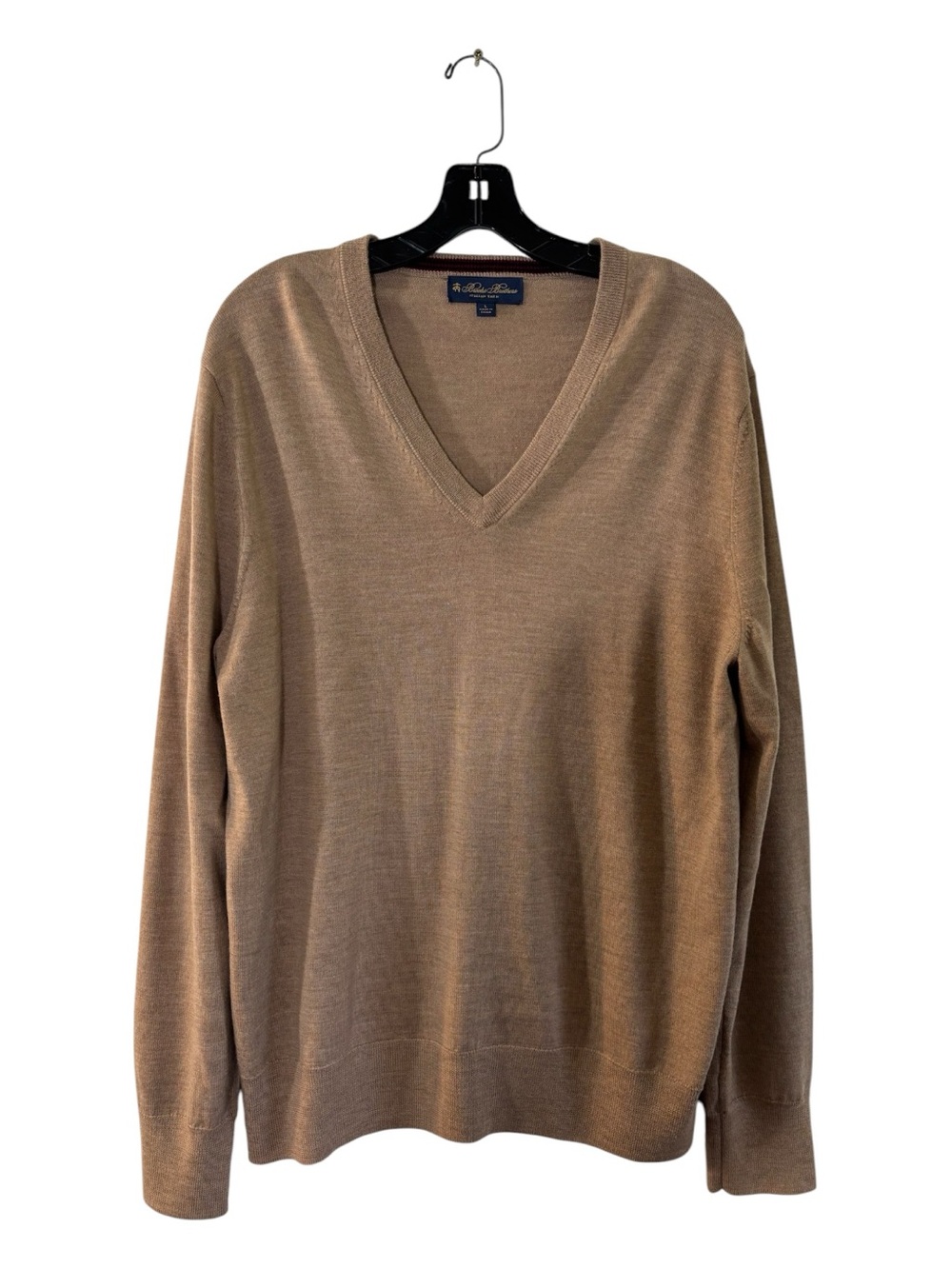 Brooks Brothers Merino Wool V-Neck Sweater Tan Brown Italian Yarn Size Large